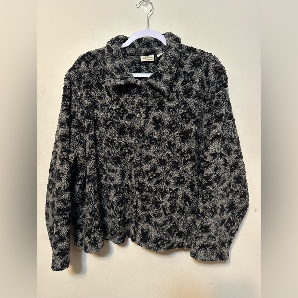 LL Bean Sweater Women XL‎ Gray Fleece Cardigan Floral Button Up 90s Vintage